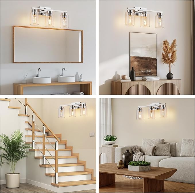 PARTPHONER 3-Light Bathroom Light Fixtures, Brushed Nickel Vanity Light with Clear Glass Shade, Modern Wall Sconce for Mirror Bedroom Living Room Hallway Lighting