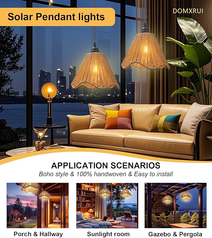 Solar Chandelier Outdoor Waterproof, Gazebo Lights Solar Powered with Remote Control, Boho Hanging Pendant Light for Porch, Patio, Pergola, Shed, Chicken Coop, Balcony(2 Lights)