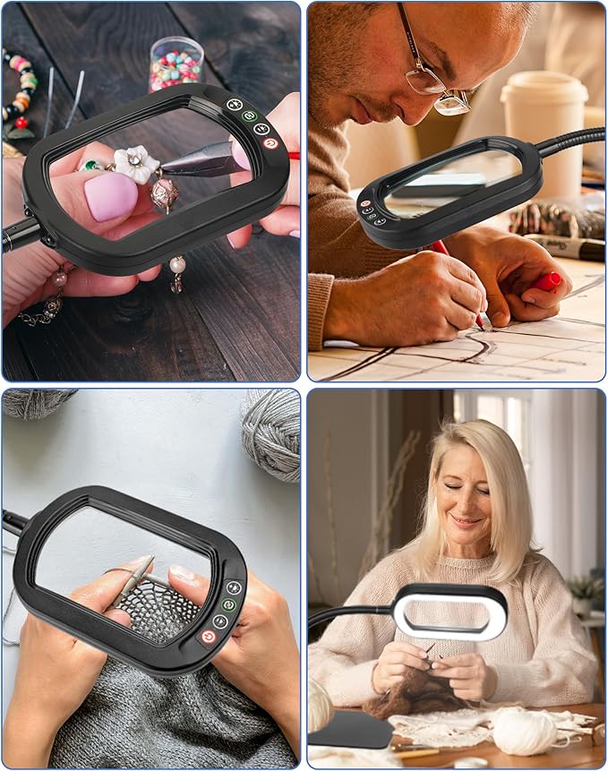 IVMAIE 10X Magnifying Glass with Light and Stand LED Magnifier with Light Hands Free Lighted Magnifying Desk Lamp Dimmable for Close Work Craft Read Cross Stitch Sewing Repair Hobby Rectangular