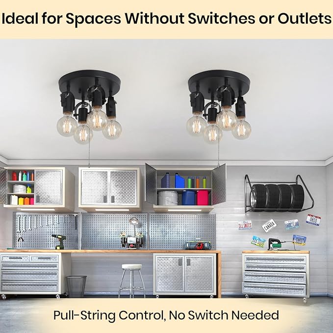 SEEBLEN 4 Light Flush Mount Ceiling Light with Pull Chain, Industrial Kitchen Ceiling Light with Rotatable Light Head,Black Pull Chain Ceiling Spotlight for Bedroom Hallway Kitchen Laundry