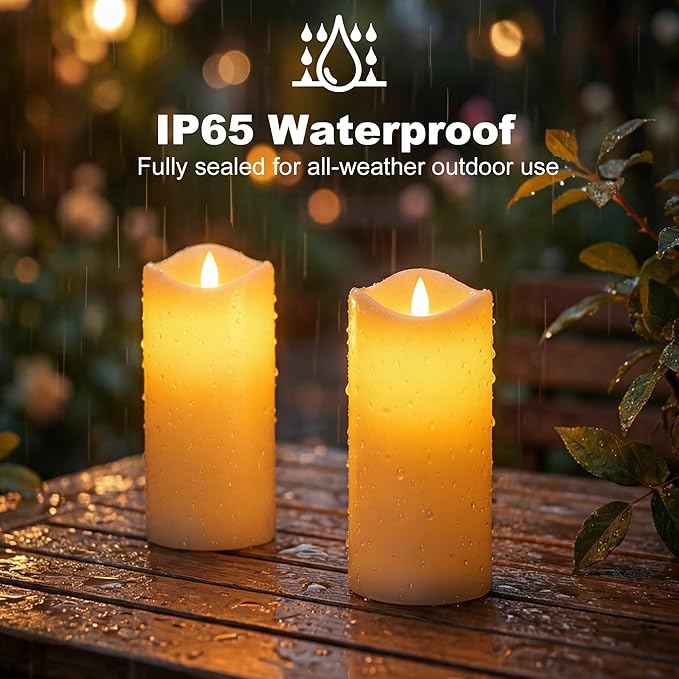 Livinlarge 4 Pack Outdoor Solar Powered Candles, 3"x6" Rechargeable Dusk to Dawn Lighting, Flameless Flickering Pillar LED Votive Candle, IP65 Waterproof for Patio Yard Deck Window Table Decor