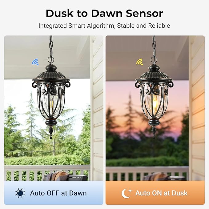 VIANIS Dusk to Dawn Outdoor Hanging Lights, Bronze Vintage Outdoor Pendant Light, Waterproof with Seed Glass, Anti-Rust Adjustable Length Chandelier, Porch Ceiling Light for Garden, Yard, Doorway