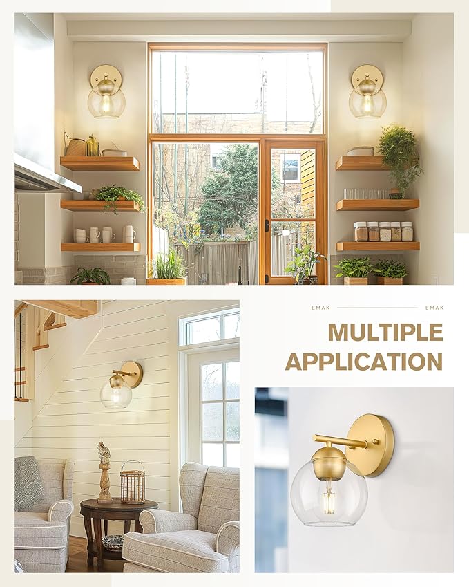Emak 2 Light Bathroom Vanity Light, Modern Gold Wall Sconce with Clear Glass Shade, Globe Wall Lights for Living Room, Pictures, Bedroom, Bathroom, Hallway, WS114-GD-2PK