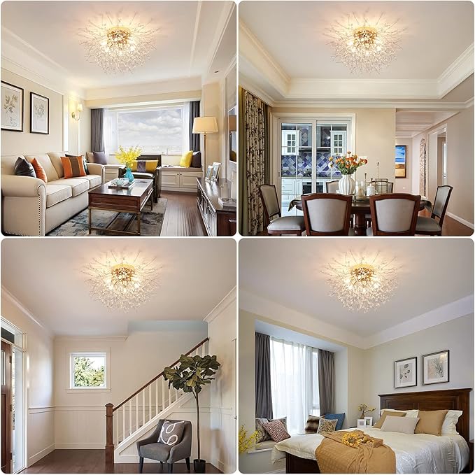 CM MZY 6-Light Sputnik Flush Mount Ceiling Light Fixture, Modern Gold Crystal Firework Ceiling Lights, Close to Ceiling Lamp for Bedroom Kitchen Hallway Entryway Bathroom