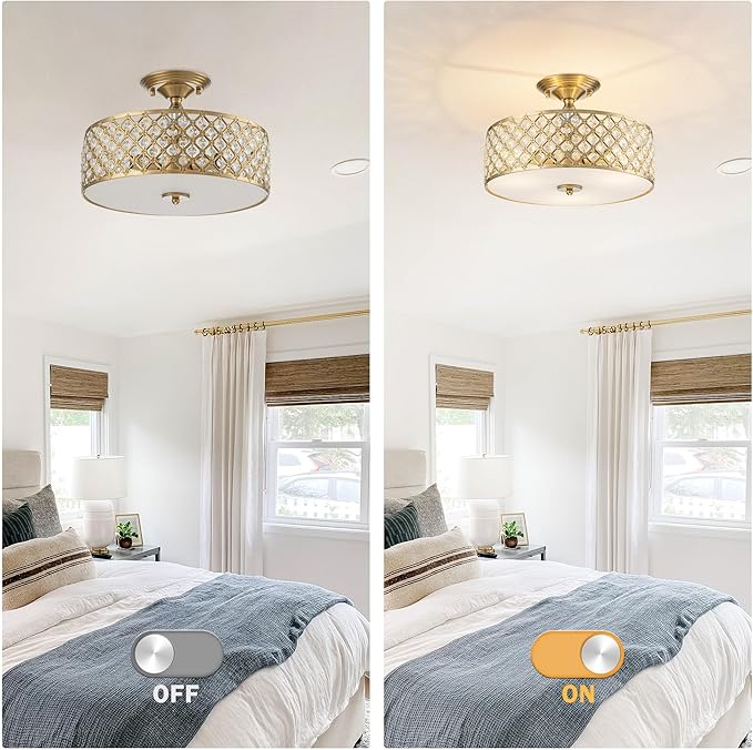 3-Light Gold Semi Flush Mount Ceiling Light Fixture,Modern Drum Crystal Metal Acrylic Round Close to Ceiling Light