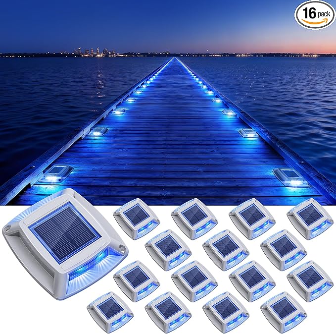 Solar Dock Lights Outdoor 16 Pack, IP68 Waterproof Solar Powered Driveway Lights, Driveway Marker Deck Lights for Steps Pathway Walkway Sidewalk Pool Garage Stair Marine (Blue)