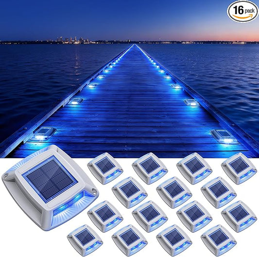 Solar Dock Lights Outdoor 16 Pack, IP68 Waterproof Solar Powered Driveway Lights, Driveway Marker Deck Lights for Steps Pathway Walkway Sidewalk Pool Garage Stair Marine (Blue)