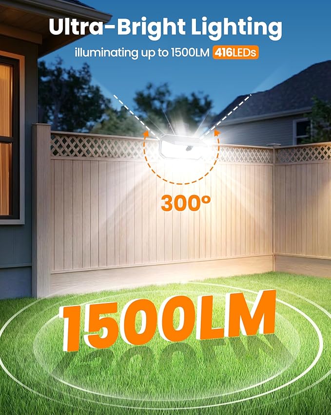 LUHLEE 416 LEDs Clip On Solar Lights Outdoor, 1500LM & 300° Angle Bright Motion Sensor Outdoor Lights with 3 Lighting Modes, IP65 Waterproof Flood Solar Light for Fence, Patio, Backyard, Gutter 2Pack