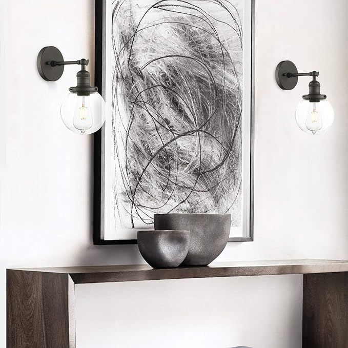 Phansthy 1-Light Wall Sconce, Brass Boho Bathroom Vanity Light, Modern Wall Light with Globe Glass Shade E26 Base, Adjustable Wall Lighting Fixtures for Bedroom, Living Room (Black, Clear Shade)