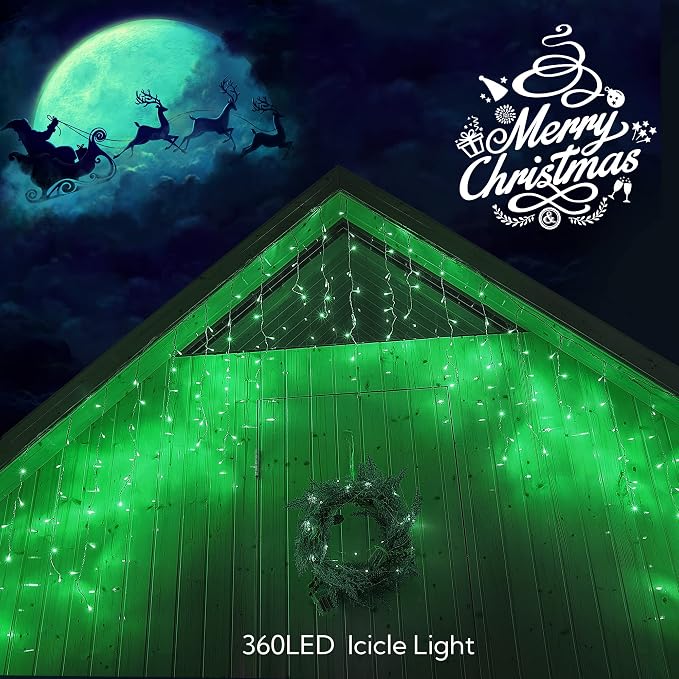 Hopolon Green Christmas Icicle Lights, 33FT 360 LED 60 Drops | Waterproof connectable curtain string lights with 8 modes and memory, for outdoor St. Patrick’s Day, party, holiday decor
