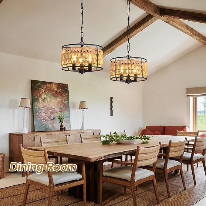 lobolighting Boho Rattan Chandelier, 11.8" 3-Lights Farmhouse Pendant Light with Hand Woven Drum Shade, Modern Black Chandelier for Dining Room Living Room Kitchen Island Bedroom