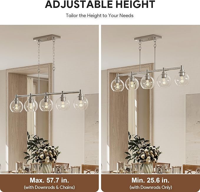 VONLUCE Dining Room Light Fixture Over Table, 5-Light Kitchen Island Lighting with Round Glass Shades & Adjustable Hanging Heights, Linear Chandlier for Dining Room Kitchen, Nickel, ETL Certificated