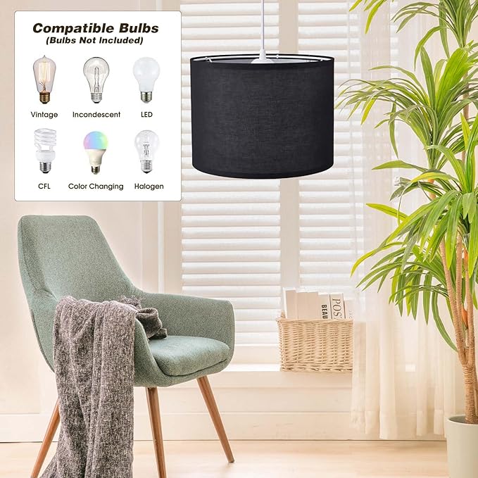 KUAUGST Plug in Pendant Light, 15 FT Hanging Lamp with Plug in Cord, On/Off Switch, Pendant Lighting with Fabric Shade, Hanging Light Fixture for Living Room, Bedroom, Dining Room, Kitchen