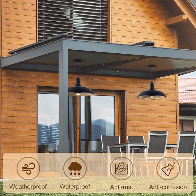Farmhouse Pendant Light with 16 Inch Dome for Outdoor and Indoor Use, Barn Style Hanging Light for Kitchen Dining Room, Adjustable Height, Matte Black Exterior/Brass Interior