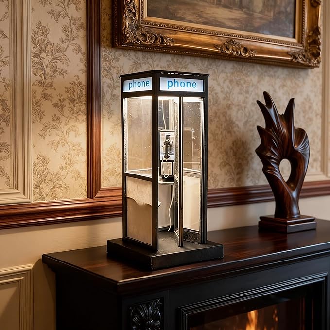 Retro Vintage Tall PhoneBooth Lamp,Classic Telephone Booth Table Lamp with Warm LED Light,Table Light Phone Box Decorative Night Light for Office,Bedroom,Unique Phonebooth Lamp Vintage Decor Home Gift