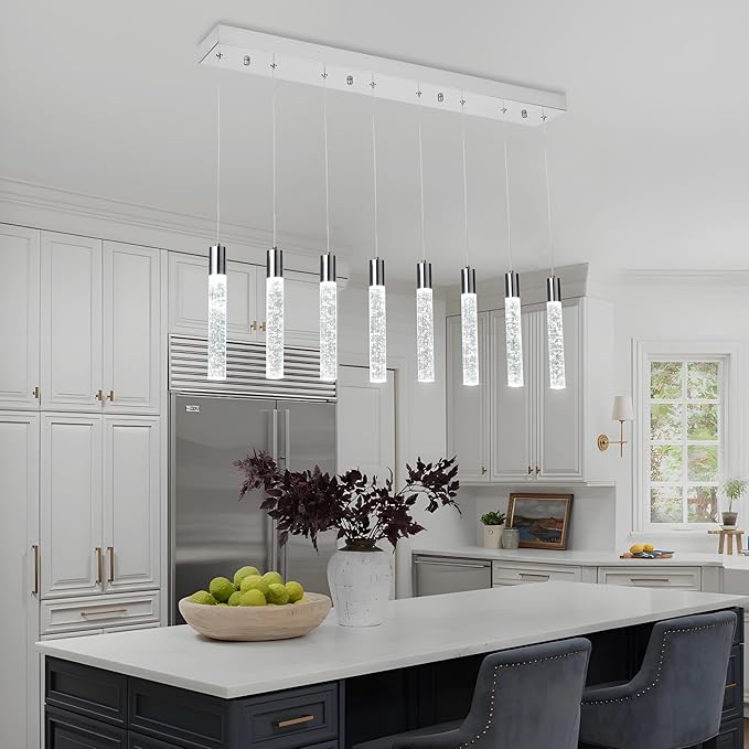 8-Light Chrome Integrated Crystal Pendant Chandelier,Dimmable LED Ceiling Light with Adjustable Height for Kitchen Island, Dining Room & Bedroom 3000K -6000K