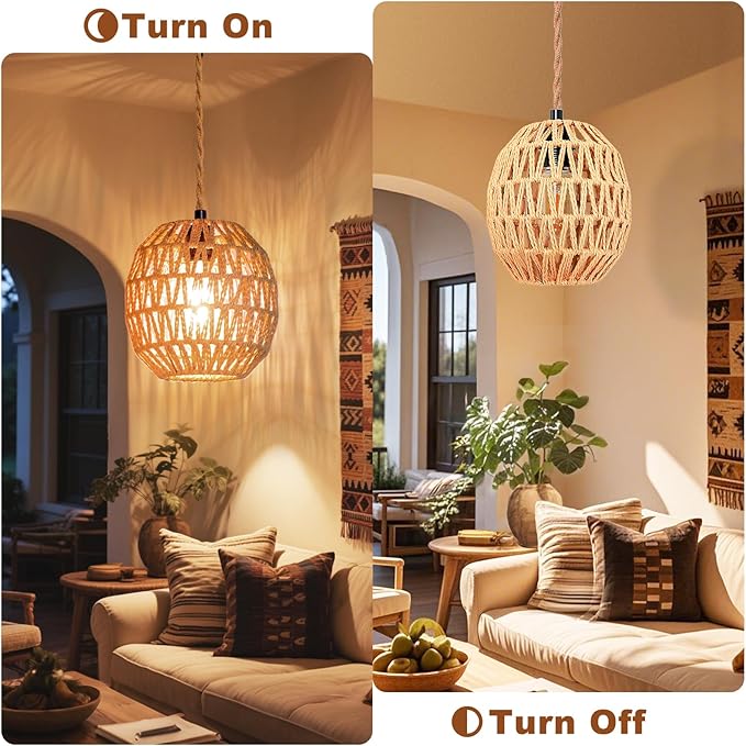 Maliralt Hanging Lamps Rattan Pendant Light Hanging Lights 16.4ft Plug in Cord Pendant Light Fixture Plug Into Wall Outlet Pendant Lighting with On Off Switch for Bedroom Living (Egg Shade)