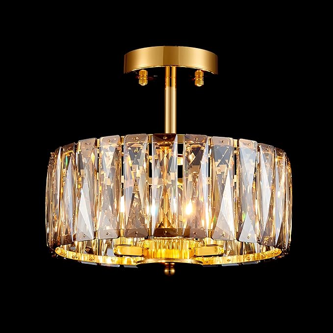 Crystal Ceiling Light, 3-Light Modern Semi-Flushmount Ceiling Light for Living Room, Dinning Room Hallway, D12xH9inch, Gold Finish Frame & Champagne K9 Crystal
