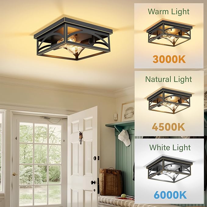 Black Flush Mount Ceiling Light Fixture, Industrial Light Fixture Ceiling Mount for Hallway Kitchen Porch Bedroom, Outdoor Ceiling Light Flush Mount, E26, 1 Pack, Gold Trim