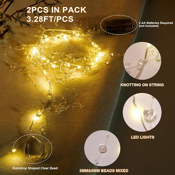 Iridescent Bead String with Fairy Lights Battery Operated, 3-8mm Artificial Crystal Beads Chain Short LED String Lights Mixed, DIY Crafts Wedding Party Garland Centerpiece(3.28ft/Set, 2 Set)