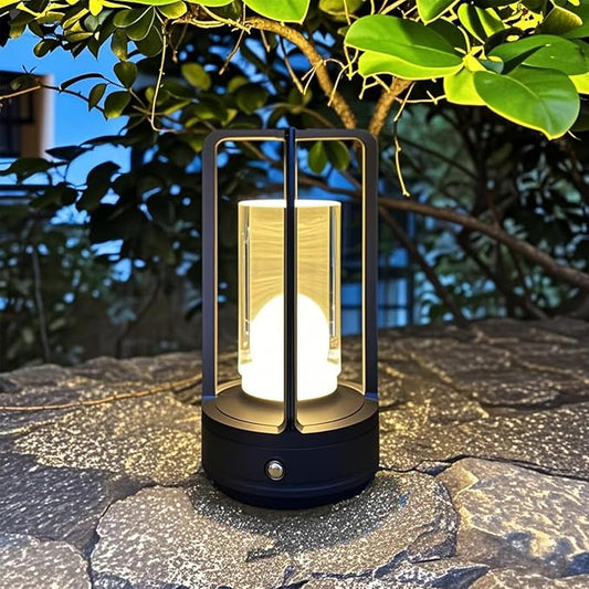 Portable Metal Table Lamp, 4000 mAh Rechargeable Outdoor Table Lamp, 3 Color Stepless Dimmable Cordless Lamp for Patio/ Camping/ Bar /Coffee Shop /Camping/ Indoor/Outdoor(Black)