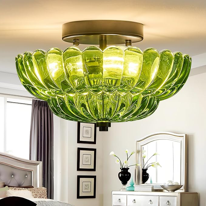 3-Lights Mid Century Modern Vintage Semi Flush Mount Ceiling Light Fixture,Black Surface Treatment,Green Flower Glass,for Hallway Bedroom Bathroom Foyer Closet Entryway Laundry Room(11.81 in)