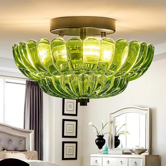 3-Lights Mid Century Modern Vintage Semi Flush Mount Ceiling Light Fixture,Black Surface Treatment,Green Flower Glass,for Hallway Bedroom Bathroom Foyer Closet Entryway Laundry Room(11.81 in)