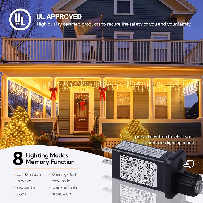 Hopolon 33FT 360 LED Warm White Christmas Icicle Lights, Waterproof Plug in | Outdoor icicle curtain lights with 60 drops, 8 modes, for Christmas, wedding, party, bedroom, garden, wall decor