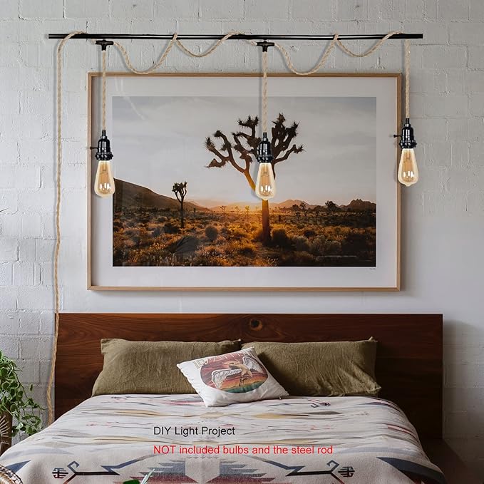 3 Plug-in Pendant Lights Kit - Hemp Rope Cord with Switch, 22 Ft Length, DIY Farmhouse Hanging Lighting Fixture