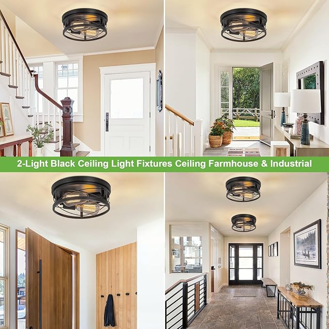 Farmhouse Ceiling Light Fixture Black Flush Mount Ceiling Light 2-Light Industrial Metal Cage Ceiling Lights for Hallway, Foyer, Kitchen, Dining Room Bedroom Living Room Laundry