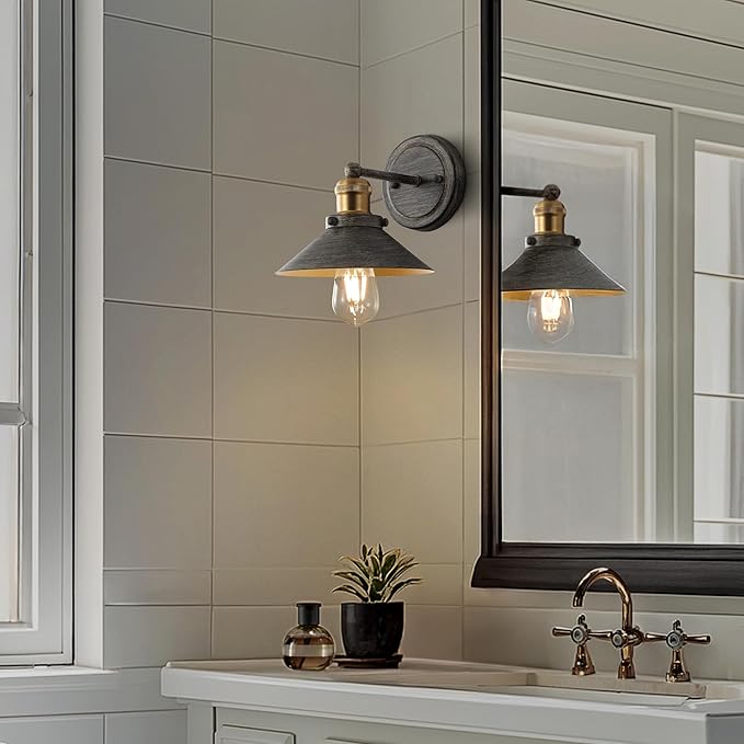 JONATHAN Y 7.88" Rustic Dark Gray/Brass Gold 1-Light Industrial Farmhouse Metal Vanity Light Wall Sconce, Metal Shade for Bathroom Mirror, Kitchen, Entryway, LED Bulb Included (JYL7426D)