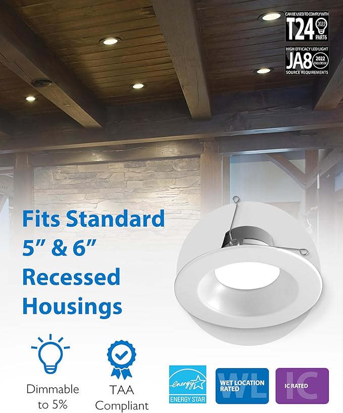 Recessed Ceiling Lights LED Downlight - Dimmable 5/6 inch LED Recessed Light Fixtures - Selectable CCT 2700K-5000K, 918 Lumens, 10.3W - DLR56 Retrofit Ceiling Light, White, 1-Pk by NICOR Lighting
