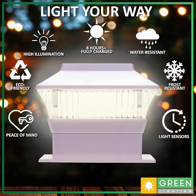 GreenLighting Standard #1 Solar Post Cap Lights Fits 4x4 Nominal Wood, 4x4 PCV/Vinyl Posts, Outdoor Fence Solar Powered Light, Landscaping, Deck, Garden, Includes Flush Mount Adapter White 8 Pack