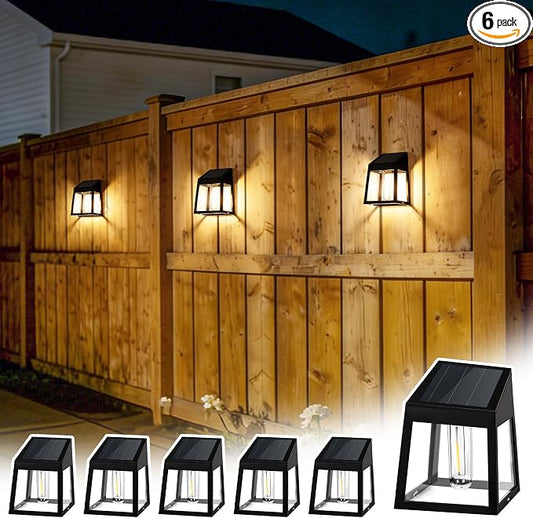 GIGALUMI Solar Fence Lights, 6 Pack Fence Outdoor Waterproof Lights Solar Powered, Warm White Yard Decorations for Garden, Post, Front Door, Backyard, Porch, Deck