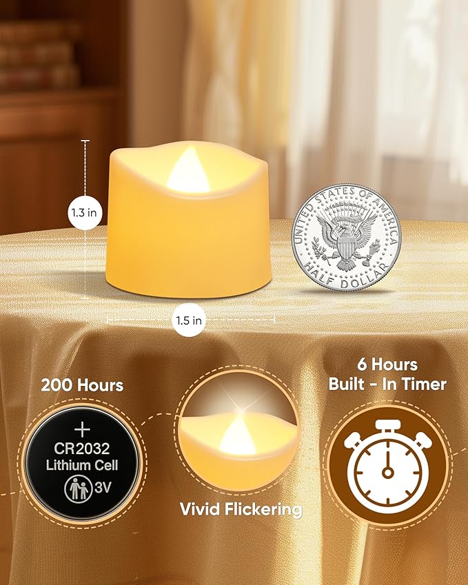 Raycare 12 Pack Tea Lights with Timer, 6H Timer Built-in, Flameless Battery Operated Tea Lights Flickering in Warm Yellow, Realistic Votive Candle for Halloween Wedding Christmas Party Home Decor