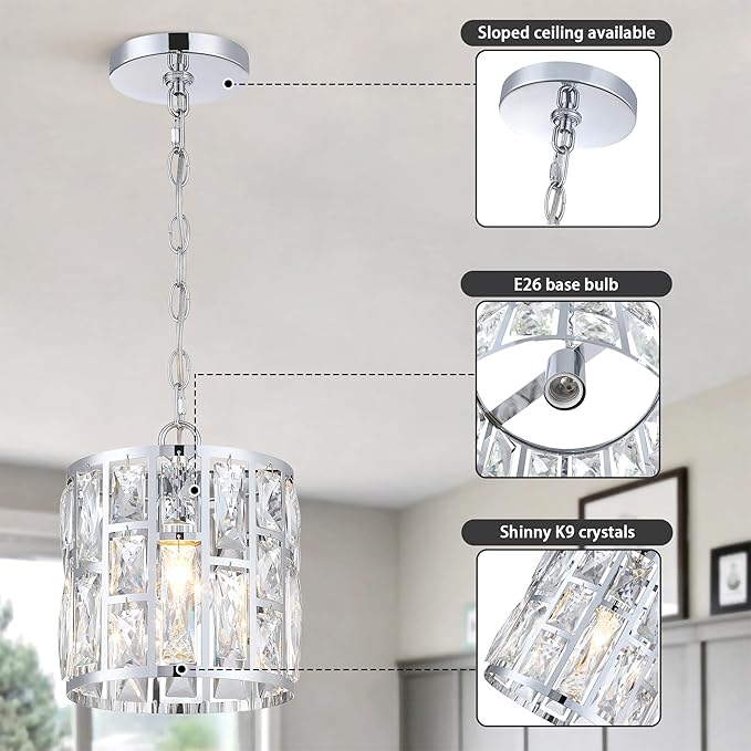 MEXO Modern Crystal Pendant Light,Chrome Chandelier Light Fixture, Cylinder Adjustable Height Pendant Lights for Kitchen,Dining Room,Living Room,Foyer,Hallway