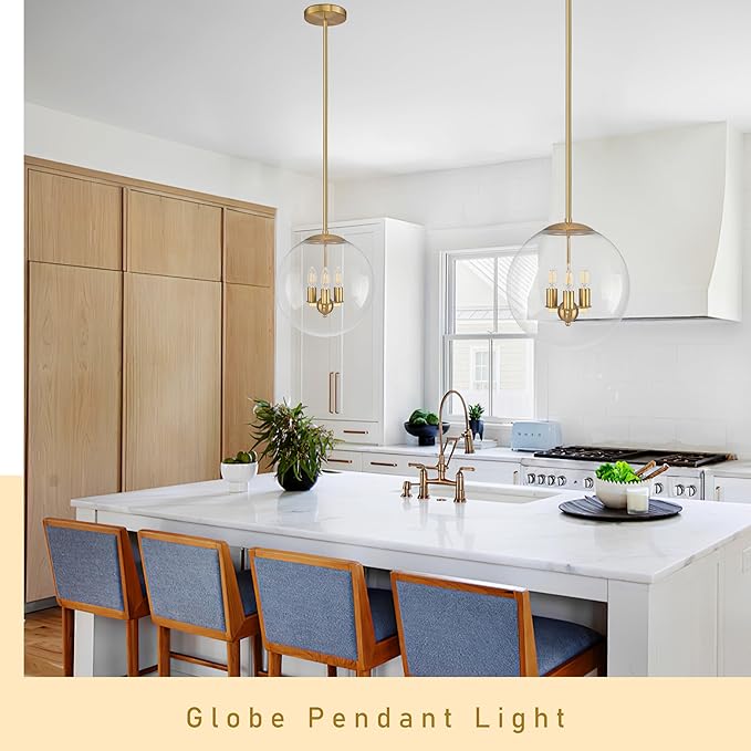 Bagood 14" Globe Pendant Light Contemporary Globe Pendant Lights Kitchen Island 3 Light Gold Mid Century Pendant Light Clear Glass with Brass Finish Adjustable Hanging Light Fixture for Dining Room