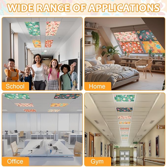 QOUBAI 6PCS Fluorescent Light Covers, 4x2 Feet Magnetic Light Cover Fluorescent Lights Shade Panel Positive Inspirational Ceiling Lights Filters for Office Classroom Home Drop Ceiling Floral