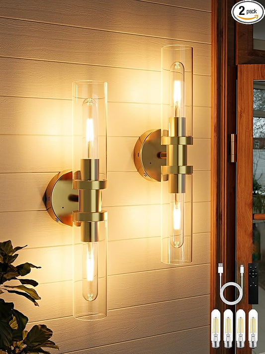 Battery Operated Wall Sconces Set of 2, Rechargeable Wireless Wall Lights Remote Control, 10000mAh Not Hardwired Timer Dimmable Wall Lamps for Living Room Bedroom Entryway Entryway Gold 16.5 Inch