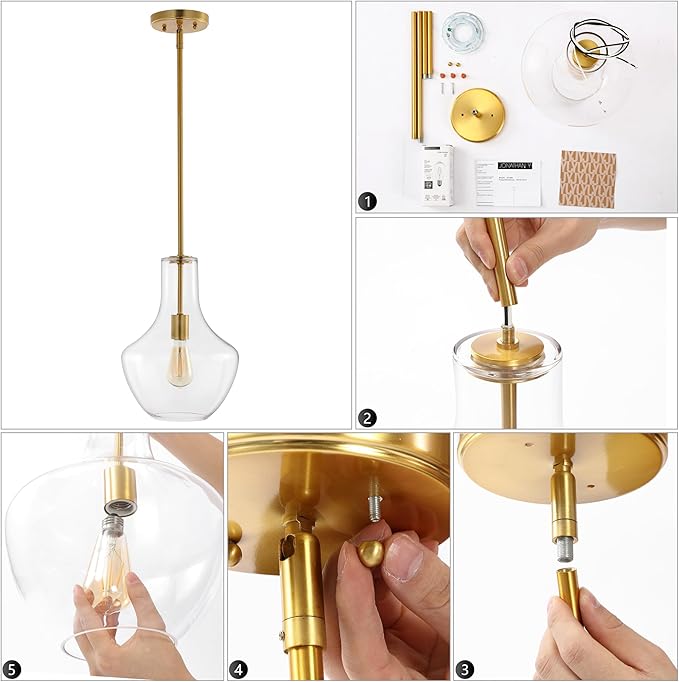 JONATHAN Y 10.5" Brass Gold/Clear Mid-Century Modern 1-Light LED Pendant Light Fixture, Adjustable Schoolhouse Hanging Lamp for Kitchen Island, Clear Glass Shade, LED Bulb Included (JYL6400C)