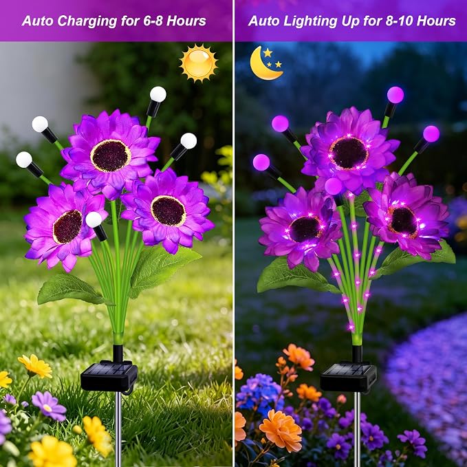 Kohlrabi 6 Pack Purple Solar Sunflowers with Swaying Firefly Lights, Gifts for Mom Women Mothers Day Birthday, Solar Garden Lights Waterproof Firefly Sunflower Light for Outdoor Patio Yard Decor