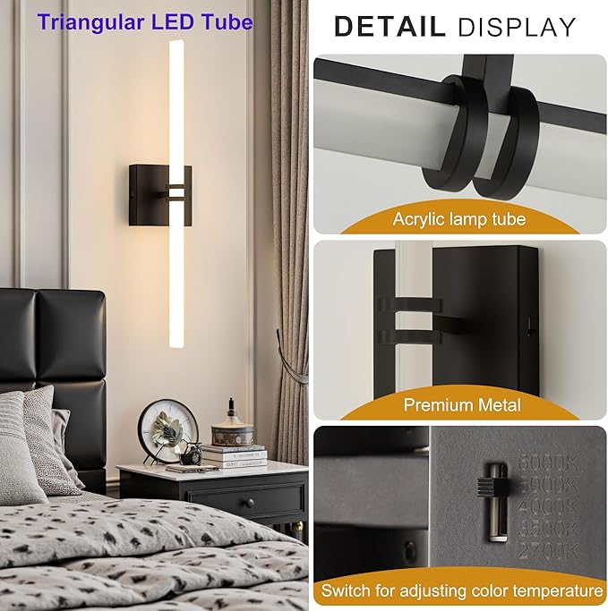 Bathroom Light Fixtures,Black 18W LED 360° Full Lighting Modern Wall Sconce Vanity Light with 5-Color Dimmable 3000K-6000K, 22.05inch Vanity Lighting for Bath, Powder Room, Bedroom, Hallway