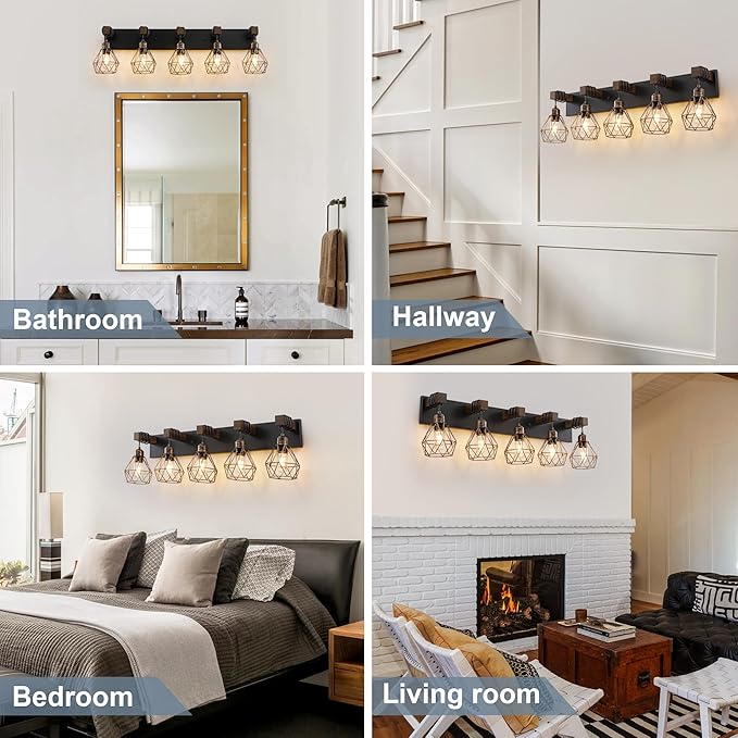 Black Gold Farmhouse Bathroom Light Fixtures, 5-Light Bathroom Lighting Fixtures Over Mirror, Rustic Wood Vanity Lights Wall Sconces with Metal Lampshade for Living Room
