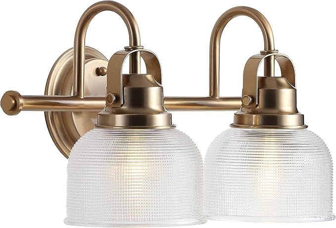 JONATHAN Y 17.25" Brass Gold Modern Bathroom Vanity Light, 2-Light LED Wall Sconce, Clear Glass Bell Shade for Mirror Hallway Kitchen, ETL Listed, LED Bulb Included (JYL7408B)