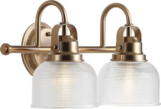 JONATHAN Y 17.25" Brass Gold Modern Bathroom Vanity Light, 2-Light LED Wall Sconce, Clear Glass Bell Shade for Mirror Hallway Kitchen, ETL Listed, LED Bulb Included (JYL7408B)