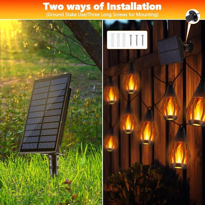 iBaycon Solar Flame Lights, 42Ft 15 LED Bulbs Flickering Flame String Light, Outdoor Waterproof Solar Flame Lights for Garden Yard Lawn Patio Decorations (Warm White)