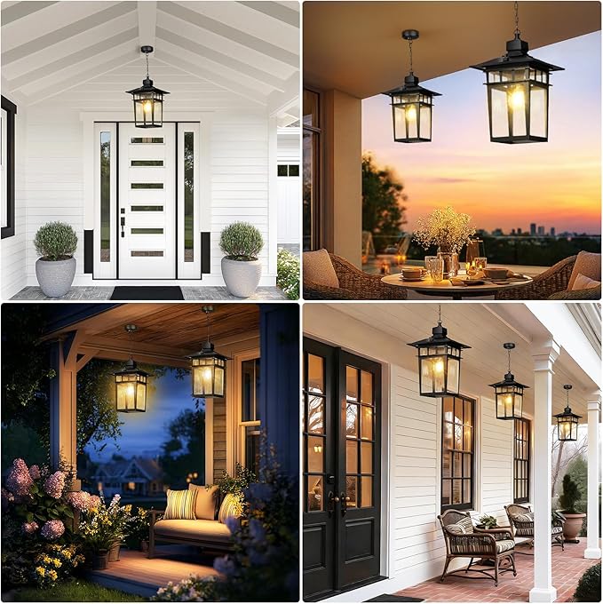 Dusk to Dawn Outdoor Pendant Light,Black Hanging Porch Light,Vintage Outdoor Chandelier,Waterproof Aluminum Exterior Pendant Lighting Fixture with Tempered Glass,Hanging Lights for Front Door Gazebo