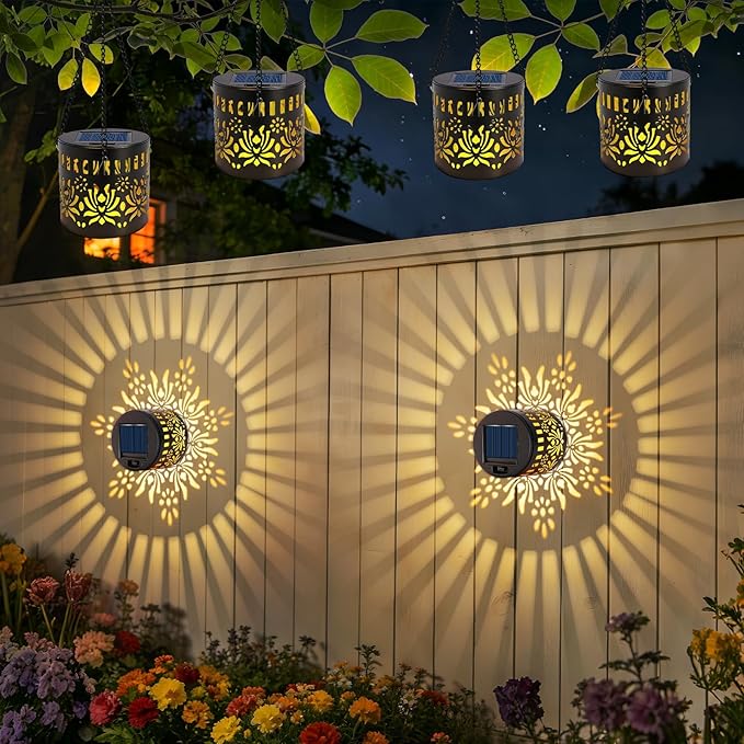 4 Pack Solar Fence Lights, Metal Solar Powered Outdoor Wall Lights with Flower Pattern,Waterproof Deck Step Lights for Garden Patio Backyard Decor, Unique Gardening Gifts for Women Mom Grandma