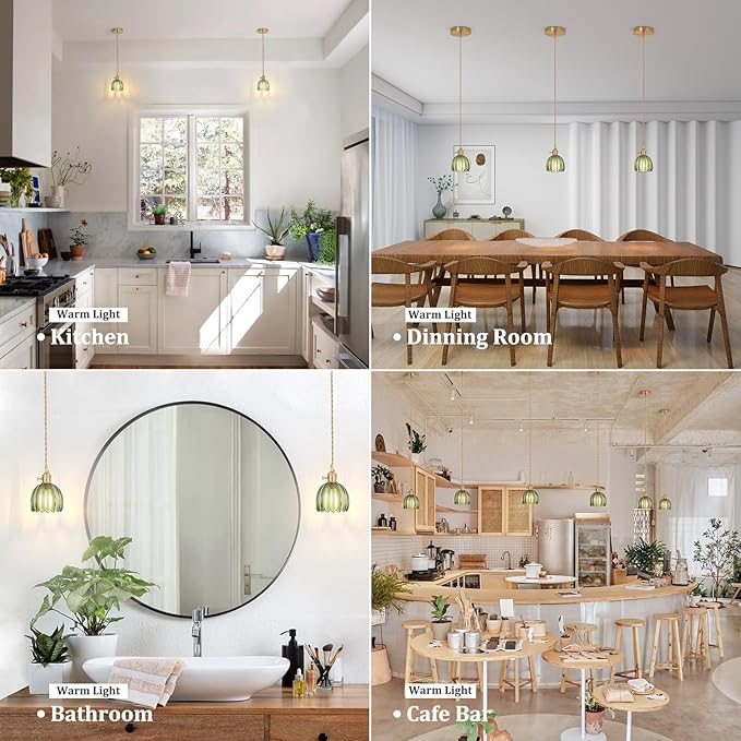 Shenmoyl Pendant Light 2 Pack with Green Tulip Glass Lmapshade, Brass Vintage Pendant Light Adjustable Hanging Light for Kitchen Island Dining Room Hallway