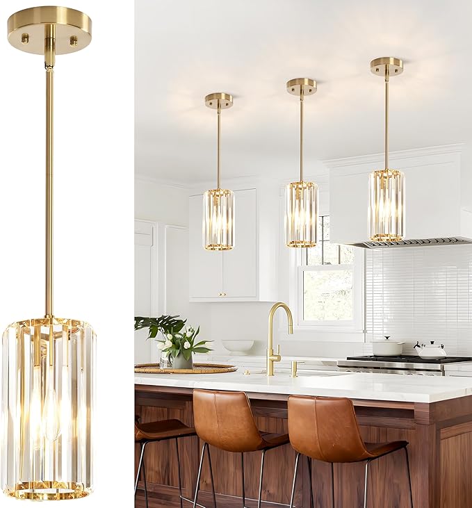 3-Pack Brass Gold Pendant Light Fixtures, Crystal Kitchen Pendant Lighting Over Island,Mini Modern Pendant Lights for Kitchen Island, Dining Room, Hallway, Foyer, Entryways